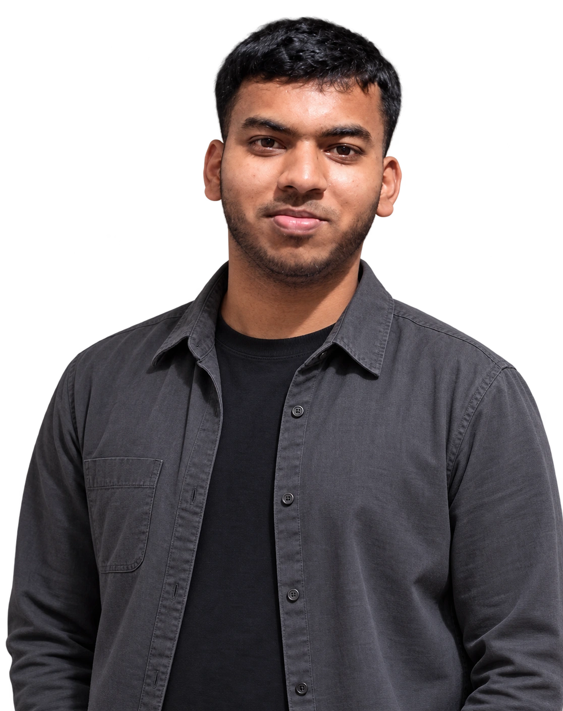 Professional portrait of Sakib in a charcoal overshirt